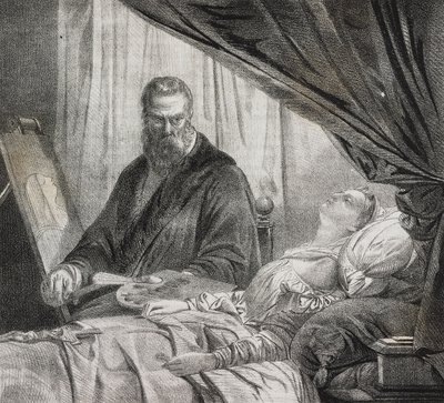 Tintoretto maler sin døde datter, litografi av Salvatore Puglia fra Poliorama Pittoresco, n 27, 10 februar av Salvatore Puglia