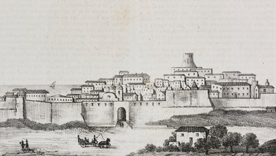 Utsikt over Crotone, Calabria, Italia, litografi av Salvatore Puglia fra Poliorama Pittoresco, n 12, 26. oktober av Salvatore Puglia