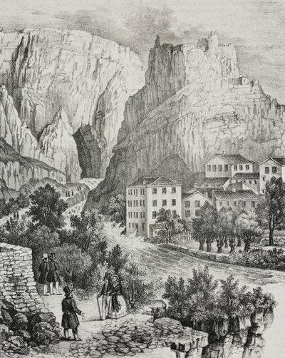 Utsikt over Fontaine-de-Vaucluse, Frankrike, litografi av Sardi fra Poliorama Pittoresco, n 51, 30. juli av Salvatore Puglia