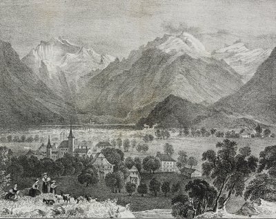 Utsikt over Interlaken, Sveits, litografi av Salvatore Puglia fra Poliorama Pittoresco, n 36, 16. april av Salvatore Puglia