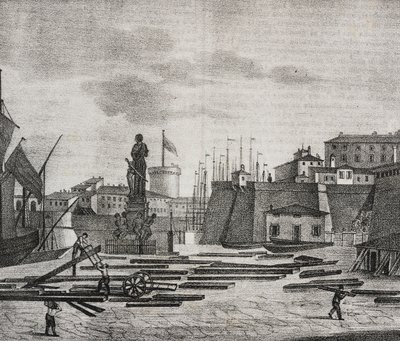 Utsikt over Livorno dock, Toscana, Italia, litografi av Salvatore Puglia fra Poliorama Pittoresco, n 38, 26. april av Salvatore Puglia