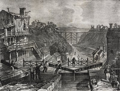 Utsikt over Lockport, i staten New York, USA, litografi av Salvatore Puglia fra Poliorama Pittoresco, n 1, 10. august av Salvatore Puglia