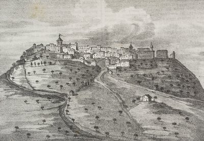 Utsikt over Montefuscolo, i dag Montefusco, Campania, Italia, litografi av Salvatore Puglia fra Poliorama Pittoresco, n 41, 20. mai av Salvatore Puglia