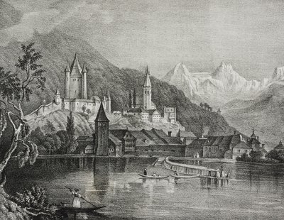 Utsikt over Thun, kanton Bern, Sveits, litografi av Salvatore Puglia fra Poliorama Pittoresco, n 35, 9. april av Salvatore Puglia