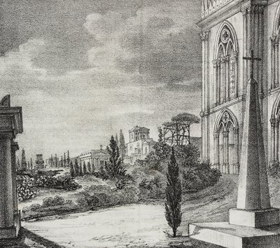 Utsikt over kirkegården fra gotisk kloster, Napoli, Campania, Italia, litografi av Salvatore Puglia fra Poliorama Pittoresco, n 34, 1. april av Salvatore Puglia
