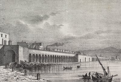 Utsikt over jernbanen ved Torre Annunziata, Campania, Italia, litografi av Gaetano Riccio fra Poliorama Pittoresco, n 21, 31. desember av Salvatore Puglia