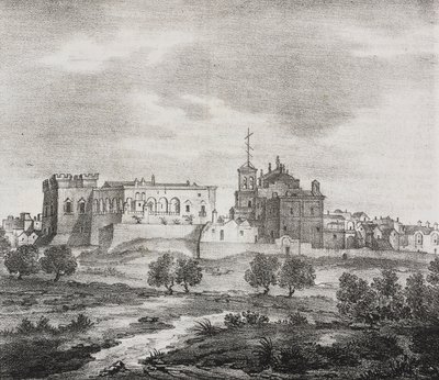 Vestutsikt over Mesagne, Apulia, Italia, litografi av Salvatore Puglia fra Poliorama Pittoresco, n 47, 29. juni av Salvatore Puglia