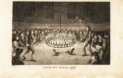 Gamblere ser på en hanekamp ved levende lys ved Cock Pit Royal, St av Samuel (after) Howitt