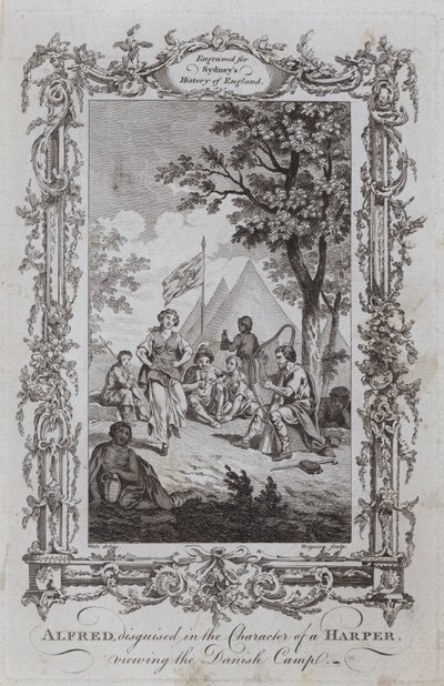 Alfred, forkledd i Character of a Harper, ser på den danske leiren (gravering) av Samuel (after) Wale