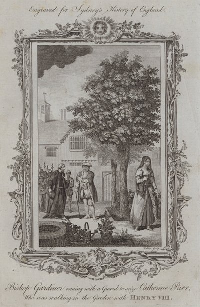 Biskop Gardiner kommer med en vakt for å gripe Catherine Parr, som gikk i hagen med Henry VIII (gravering) av Samuel (after) Wale