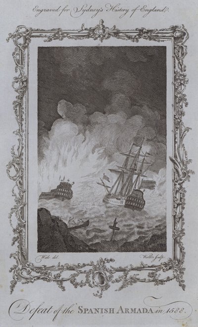 Nederlag av den spanske armadaen i 1588 (gravering) av Samuel (after) Wale
