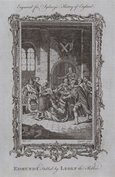 Edmund I knivstukket av røveren Leolf (gravering) av Samuel (after) Wale
