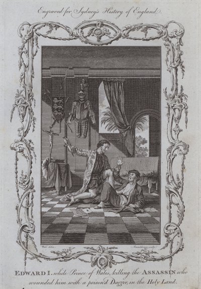 Edward I, mens prins av Wales drepte leiemorderen som såret ham med en forgiftet dolk, i Det hellige land (gravering) av Samuel (after) Wale