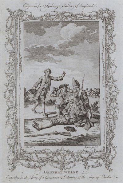 General Wolfe utløper i armene til en grenader og frivillig ved beleiringen av Quebec (gravering) av Samuel (after) Wale