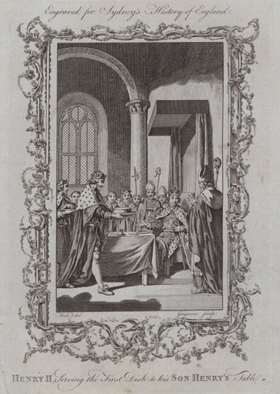 Henry II serverer den første retten til sønnen Henrys bord (gravering) av Samuel (after) Wale