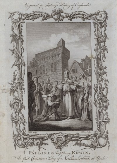 Paulinus døper Edwin, den første kristne kongen av Northumberland, i York (gravering) av Samuel (after) Wale