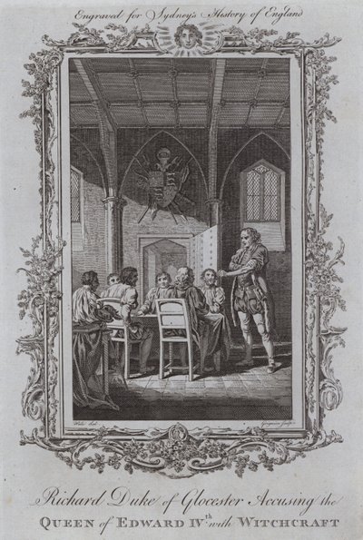Richard Duke of Gloucester anklager dronningen av Edward IV med hekseri (gravering) av Samuel (after) Wale