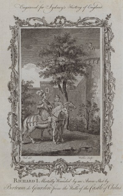 Richard I dødelig såret av et pilskudd av Bertram de Gourdon fra murene til slottet Chilus (gravering) av Samuel (after) Wale