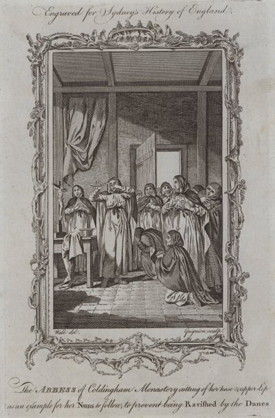 Abbedissen av Coldingham Monastery skjærer nesen og overleppen hennes som et eksempel for nonner å følge, for å unngå å bli henrykt av danskene (gravering) av Samuel (after) Wale
