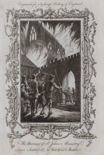The Burning of St John's Monastery, nær Smithfield, av Wat Tyler's Rabble (gravering) av Samuel (after) Wale