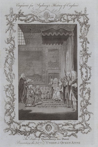 Hertugen av Queensberry og Dover presenterer unionsloven til dronning Anne (gravering) av Samuel (after) Wale