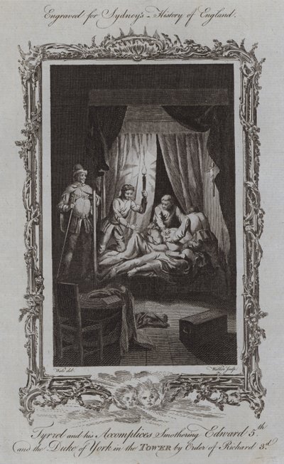 Tyrrel og hans medskyldige kveler Edward V og hertugen av York i tårnet etter ordre fra Richard III (gravering) av Samuel (after) Wale