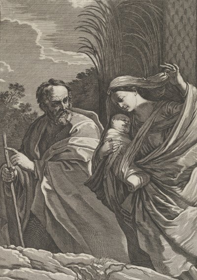 Flukten til Egypt, jomfruen som bærer spedbarnet Kristus, Josef peker på..., ca. 1635-57. av Samuel Bernard
