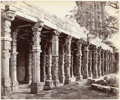 Colonnade møtte ornamenten aan de basis van de Qutb Minar i Delhi Colonnade of Hindoo Pillars, ved Kútub, East Side (original tittel på objekt) av Samuel Bourne (signed by artist)