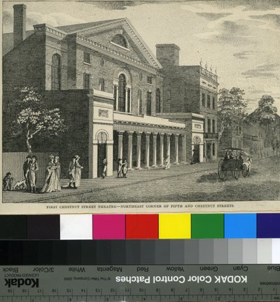 First Chestnut Street Theatre, Northeast Corner of Fifth and Chestnut Streets, ca. 1820 (tresnitt) av Samuel Castner