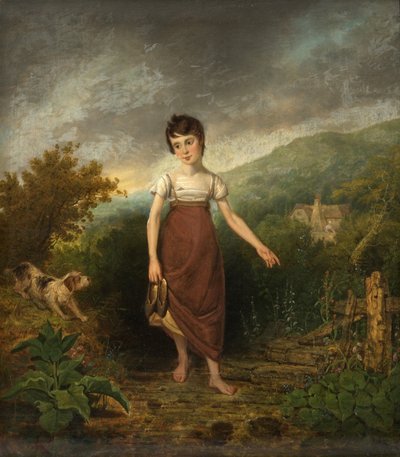 En jente som krysser en bekk (olje på panel) av Samuel Colman