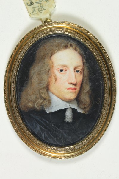 Gentleman i svart dublett (akvarell på vellum) av Samuel Cooper