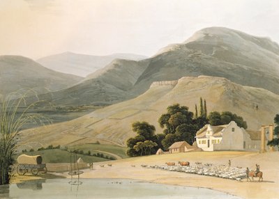 A Boor's House, plate 16 fra 'African Scenery and Animals', gravert av kunstneren, 1805 (akvatint) av Samuel Daniell