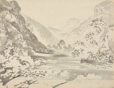 En elvescene med fjell i bakgrunnen av Samuel Davis