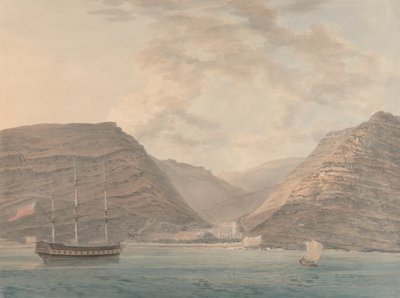 Man of War fortøyd i Harbor, fjell i bakgrunnen av Samuel Davis