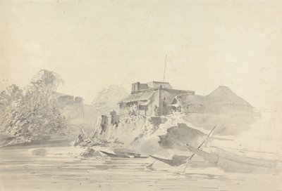 Elvescene med innfødte bygninger av Samuel Davis