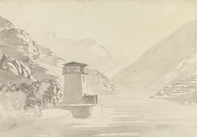 Utsikt fra broen ved Wandepore [Wangdu Phodrang] av Samuel Davis
