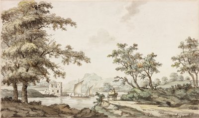 En elv med seilbåter og en hest og vogn (blekk (svart) og akvarell på papir) av Samuel Henry Alken