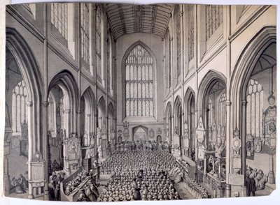 Utsikt, fra østenden, av det indre av Bath Abbey, med menighet av Samuel Hieronymous Grimm