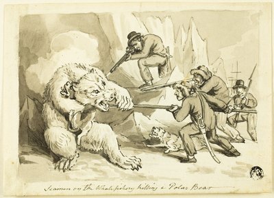 Sjømenn på hvalfiske som dreper en isbjørn (recto); Shell (verso) av Samuel Howett