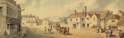 En trener og fire passerer gjennom Chippenham, Wiltshire (penn og blekk og wc på papir) av Samuel Howitt