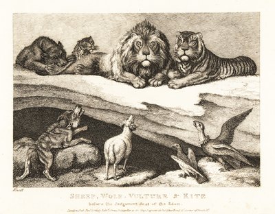 En rettssak mellom dyr, med løve og tiger som dommere. 1811 (etsing) av Samuel Howitt