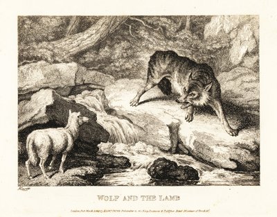 En ulv som prøver å rettferdiggjøre å drepe et lam nær en elv. 1811 (etsing) av Samuel Howitt