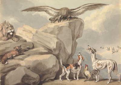 En ørn på en klippe; løve, rev, to jakthunder og en hane (muligens til «Æsops fabler») av Samuel Howitt