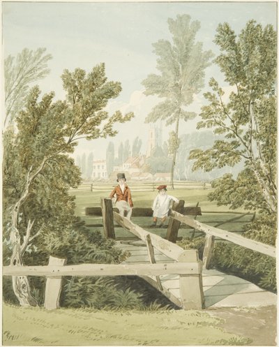 Two Boys on a Stole at Brislington Brook, ca. 1824 (blyant og akvarell på papir) av Samuel Jackson