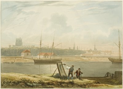 Utsikt over den flytende havnen, ca. 1825 (blyant og akvarell på papir) av Samuel Jackson