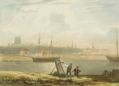 Utsikt over den flytende havnen med katedralen og bykirkene, ca. 1825 av Samuel Jackson