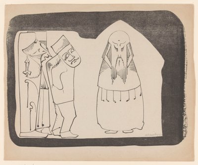 Fantasy: venstre tre figurer til høyre, høyre en frontal kinesisk-lignende figur av Samuel Jessurun de Mesquita (signed by artist)