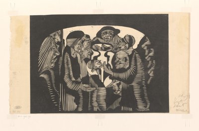 Gruppe av figurer i en bue Visjonær fantasi: gruppe figurer, innkapslet i en bueform, øverst i midten en frontal mann med hatt av Samuel Jessurun de Mesquita (signed by artist)