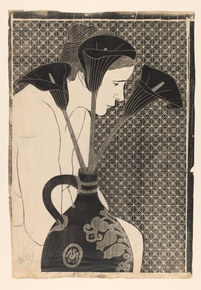 Naken kvinne bak en vase med arum Black Arum (original tittel) av Samuel Jessurun de Mesquita (signed by artist)