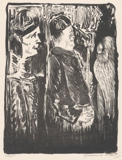 Fantasy: til venstre to figurer med hatter til høyre, til høyre et oppskrapet utseende med fjærdrakt av Samuel Jessurun de Mesquita